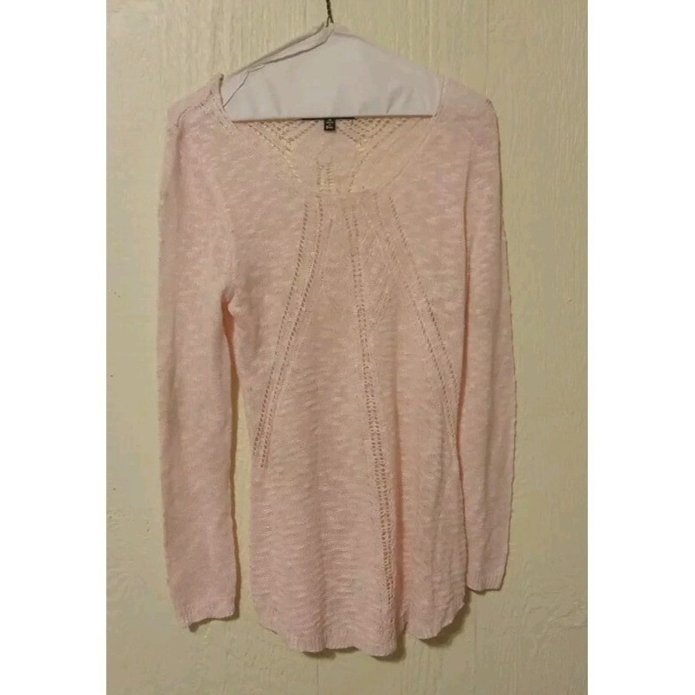 Almost Famous Sweater Women Medium Pink Pointelle Knit Long Sleeve V-Neck
